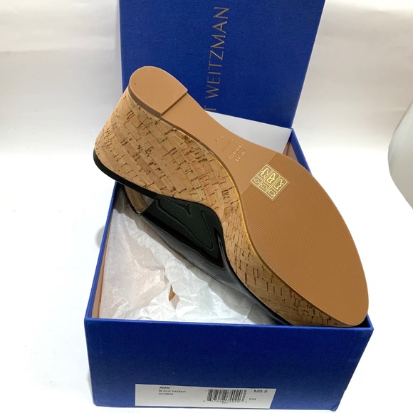 Stuart Weitzman Jean Black Leather Cork Wedge Platform Sandals  Summer Heels 9.5 - Picture 7 of 9
